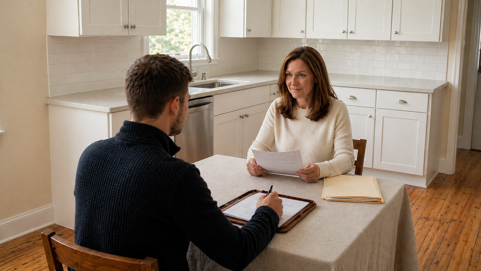 Connor Boyd reviewing estate documents at a kitchen table with an executor